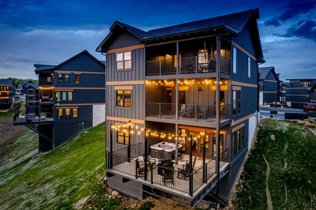 Modern vacation rental rear corner aerial at a vacation rental in Sevierville, Tennessee.