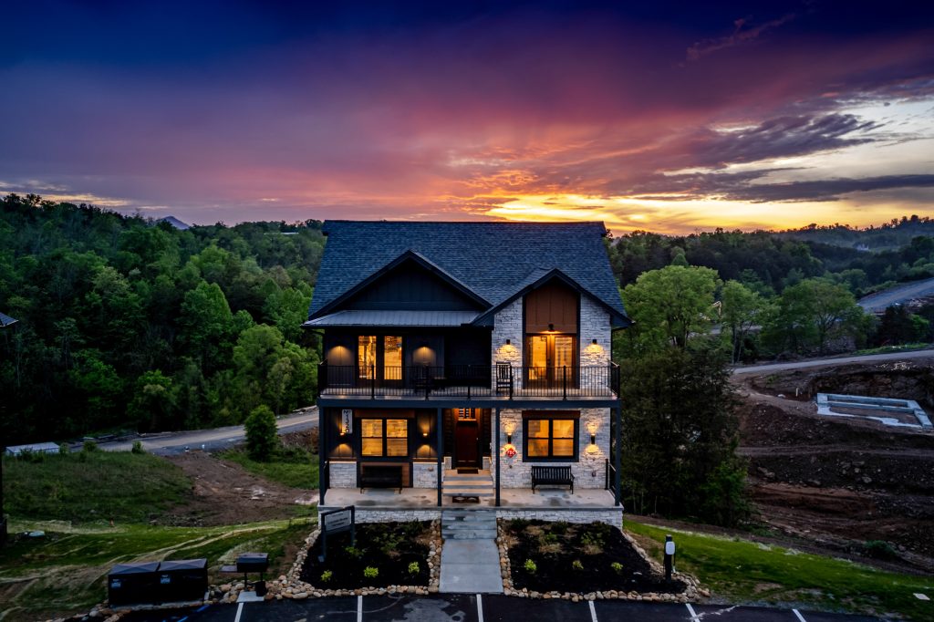 Modern vacation rental sunset aerial at a vacation rental in Sevierville, Tennessee.