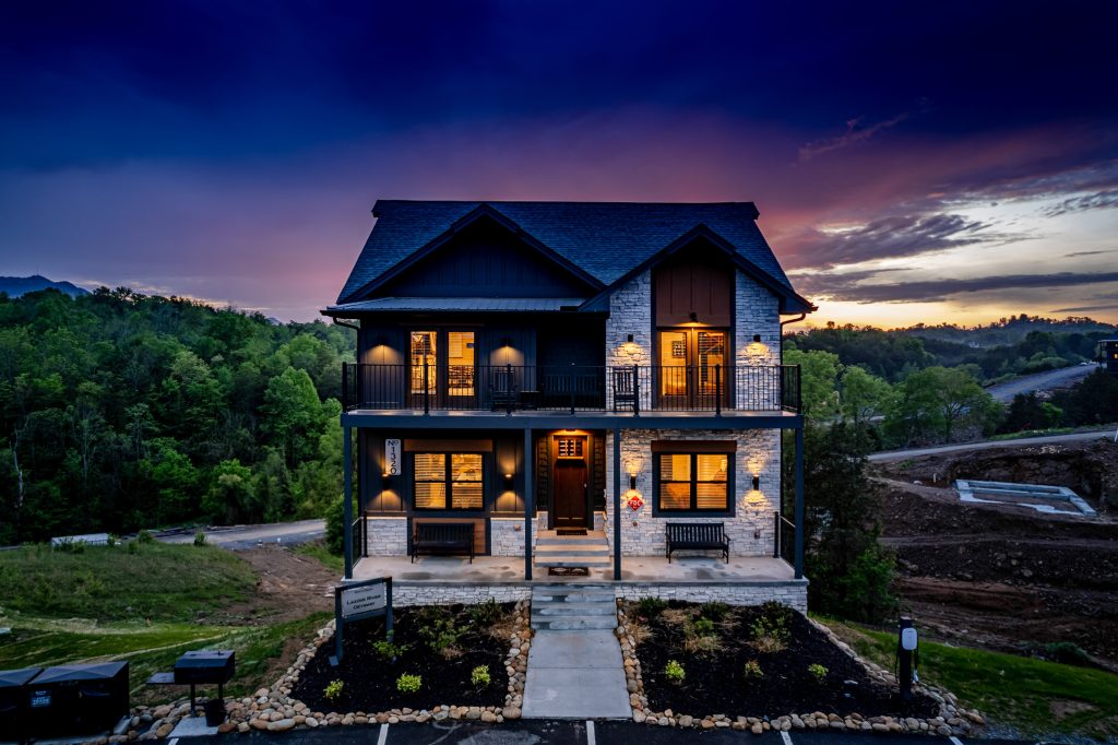Modern vacation rental twilight front exterior at a vacation rental in Sevierville, Tennessee.