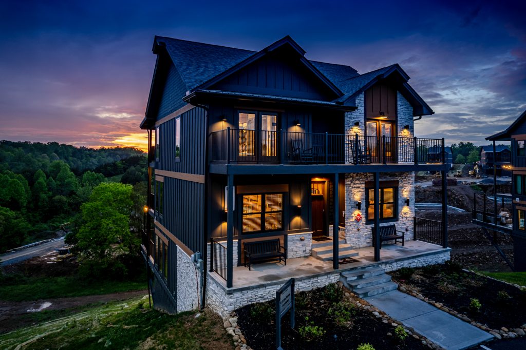 Modern vacation rental twilight corner aerial at a vacation rental in Sevierville, Tennessee.