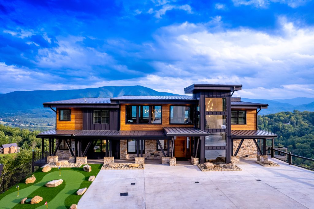 Luxury mountain cabin aerial exterior at a vacation rental in Wears Valley in the Smoky Mountains.