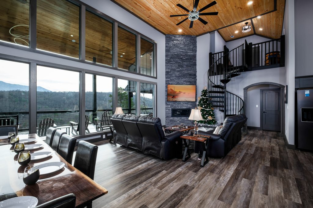 Modern great room with mountain windows at a vacation rental in Gatlinburg, Tennessee.