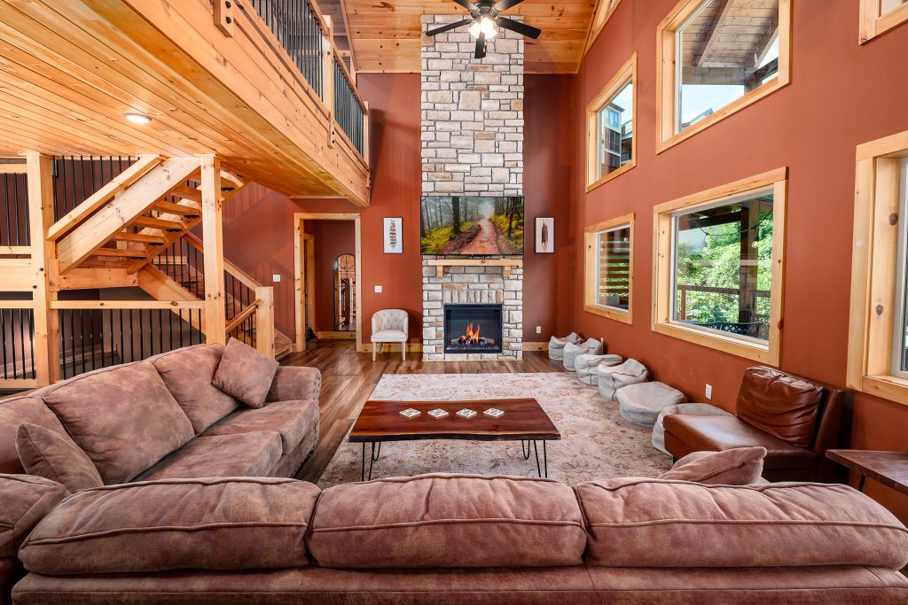 Red great room from upper loft at a vacation rental in Gatlinburg, Tennessee.