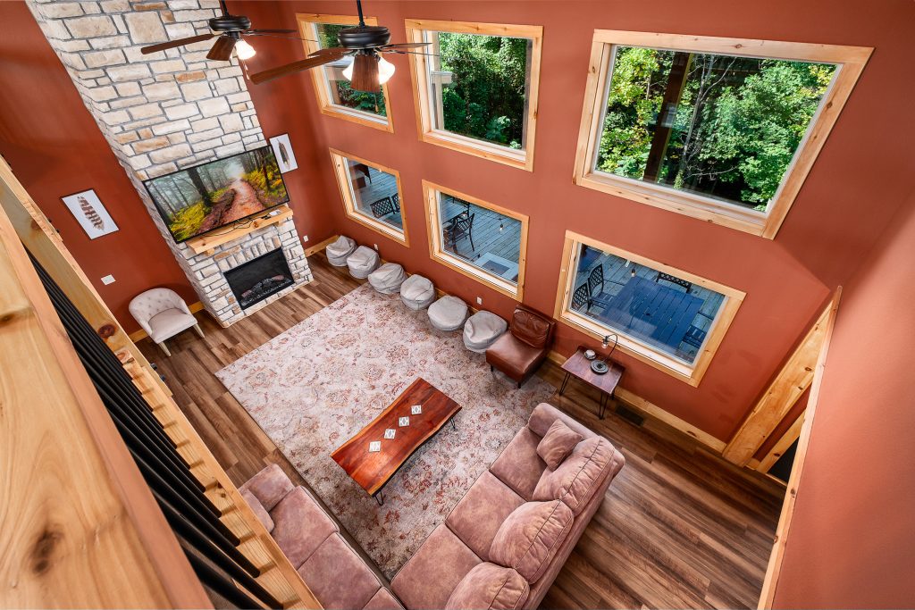Red great room overhead view at a vacation rental in Gatlinburg, Tennessee.