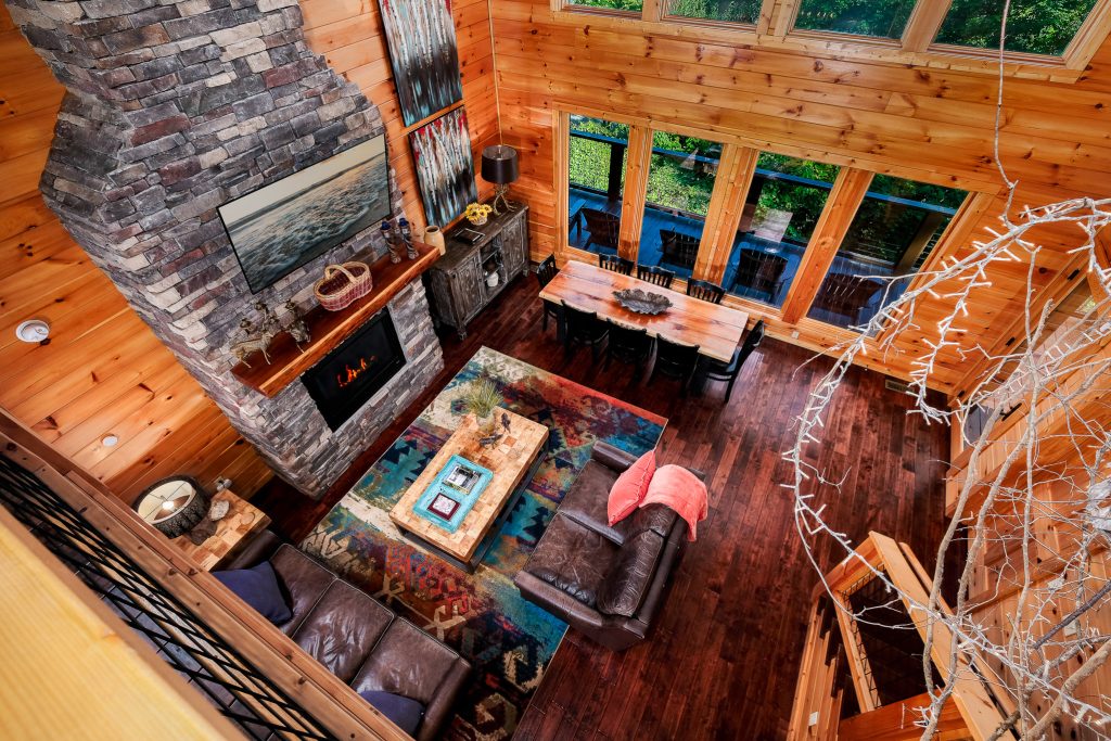 Log great room overhead view at a vacation rental in Gatlinburg, Tennessee.